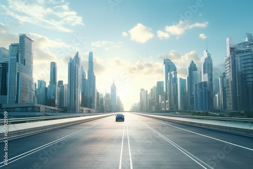 A car is seen driving down a busy city street surrounded by tall buildings. This image can be used to depict urban life  transportation  and cityscape.