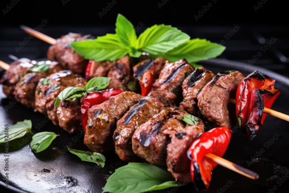 lamb kebabs on skewers garnished with basil leaves