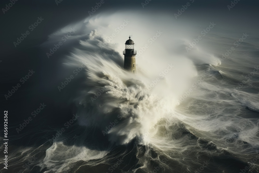 A dramatic background image capturing the moment of an ocean wave breaking with a sturdy lighthouse standing tall, evoking a sense of power and resilience. Photorealistic illustration