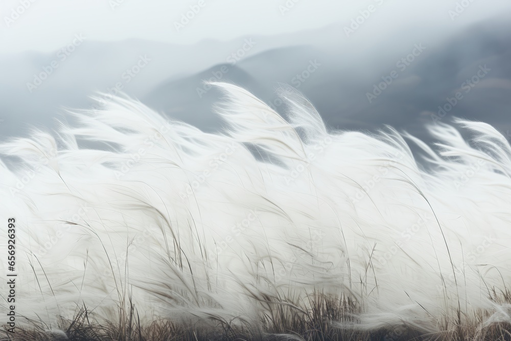 Fototapeta A background image showcasing windswept reeds with majestic mountains in the distance, creating a picturesque setting for a variety of creative projects. Photorealistic illustration