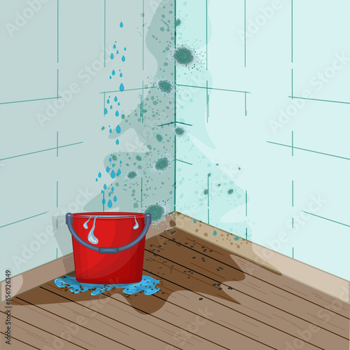 Drops of water are dripping from ceiling into bucket. Wall with mold problem and bucket with water.Leaking roof, ceiling.Damaged roof. Splashes of water and puddle on floor.Apartment renovation.Vector