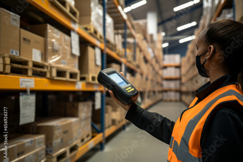 female staff using digital barcode scanner working checking stock in logistic warehouse