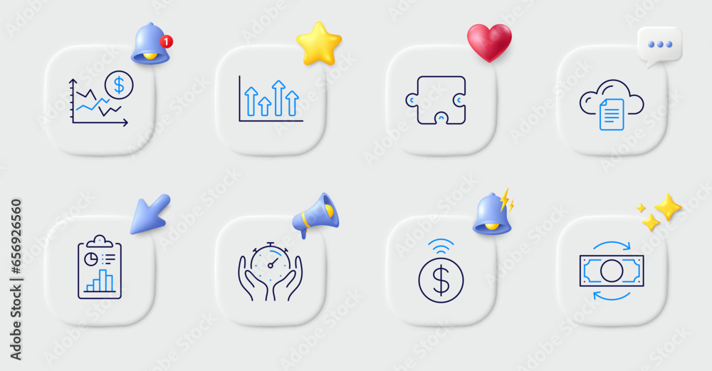 File storage, Change money and Upper arrows line icons. Buttons with 3d bell, chat speech, cursor. Pack of Puzzle, Contactless payment, Report icon. Timer, Dollar rate pictogram. Vector File storage, Change money and Upper arrows line icons. Buttons with 3d bell, chat speech, cursor. Pack of Puzzle, Contactless payment, Report icon. Timer, Dollar rate pictogram. Vector