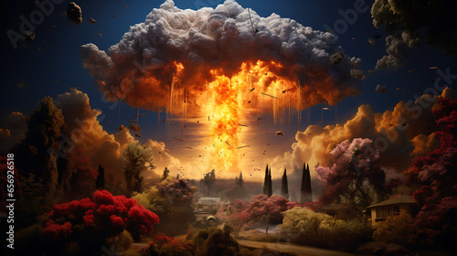 Nuclear warhead, mushroom cloud, flowers and tress, intricate details, nuke, explosion 