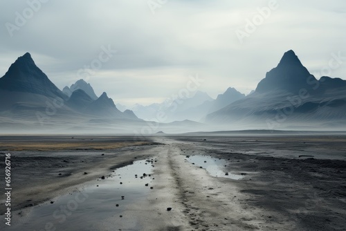 A landscape background image showcasing a path leading into a misty valley, offering a panoramic view of the foggy and mysterious landscape. Photorealistic illustration