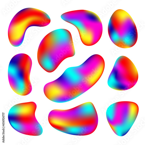 Liquid shapes, forms, blobs with gradient color. Isolated set of stain spot design with copy space. Set of abstract spots with thermal imager effect. Abstract artistic design, flyer or logotype