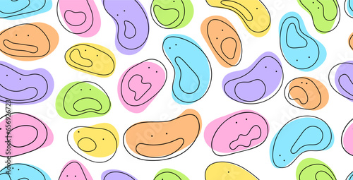 Seamless pattern with liquid emoticons. Funny melting happy face colorful cartoon seamless pattern. Retro smile icon background texture. Trendy character doodle wallpaper.