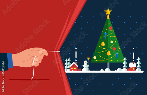 Christmas tree and decoration on background. Hand pulling light  fabric. Flat style vector illustration.