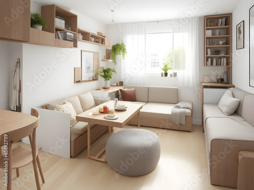 small apartment with multi-functional furniture  such as a sofa that transforms into a bed or a dining table that doubles as a workspace