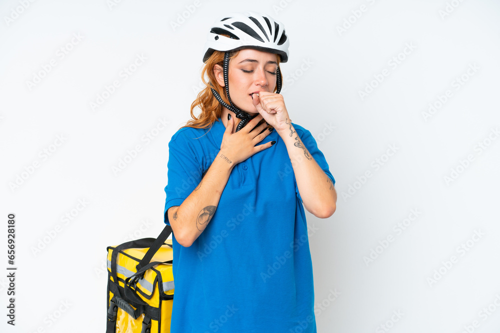 Young caucasian woman with thermal backpack isolated on white background is suffering with cough and feeling bad Young caucasian woman with thermal backpack isolated on white background is suffering with cough and feeling bad