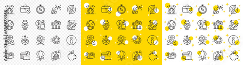 Outline Global business, Info and Seo timer line icons pack for web with Voice wave, Air balloon, Money currency line icon. Refresh bitcoin, Speedometer, Greenhouse pictogram icon. Vector