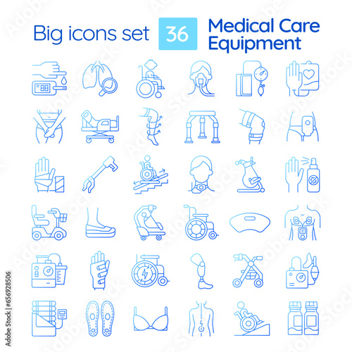 2D pixel perfect gradient icons pack representing medical equipment, thin line illustration.
