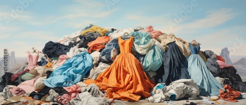 Dump Of Used Clothes Signifies Fast Fashions Impact . Сoncept Fast Fashion, Environmental Impact, Textile Waste, Secondhand Clothing. photo
