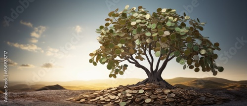 Esg Concept, Tree On Coins, Sustainable Organizational Development . Сoncept Green Energy, Financial Planning, Environmental Sustainability, Corporate Social Responsibility