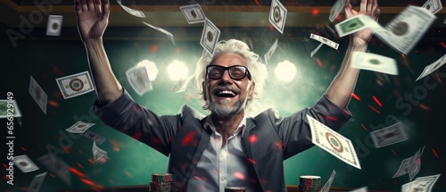 Joyful Man Wins Poker Game In Casino Money In The Air . Сoncept Casino Winnings, Poker Game Success, Joyful Man, Money In The Air photo
