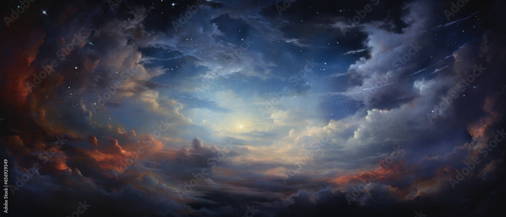 Majestic Sky Painted With Wisps Of Clouds And Stars - obrazy, fototapety, plakaty 