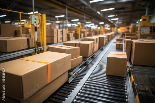Cardboard boxes on roller conveyor at warehouse. Shipment boxes. Storage warehouse © zamuruev