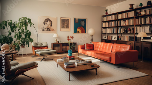 modern interior, retro 70s style, living room filled with vintage furnitures © Fox_Dsign