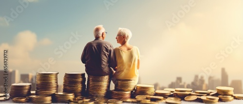Retirement Planning Concept With Couple On Coin Stack . Сoncept Retirement Planning, Financial Stability, Saving For The Future, Long-Term Financial Goals