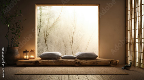 Japanese room with tatami pillows and large window