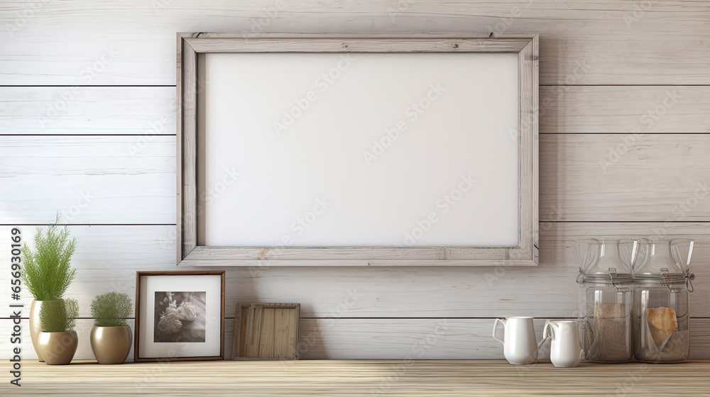 Mockup poster frame above shelf, 3d render Mockup poster frame above shelf, 3d render