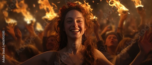 Woman Happily Participating In Beltane Bonfire Ritual photo