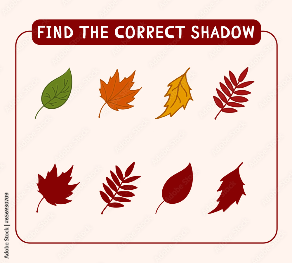 Find correct shadows autumn leaves doodle style. Vector Leaves of aspen, birch, maple, rowan. Find correct shadows autumn leaves doodle style. Vector Leaves of aspen, birch, maple, rowan.