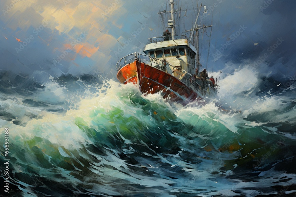 Naklejka premium large vessel in turbulent ocean. Generative AI