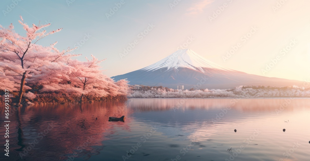 Mount Fuji's ethereal embrace with the sunset.