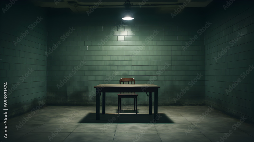 an empty interrogation room in a gloomy atmosphere - obrazy, fototapety, plakaty 