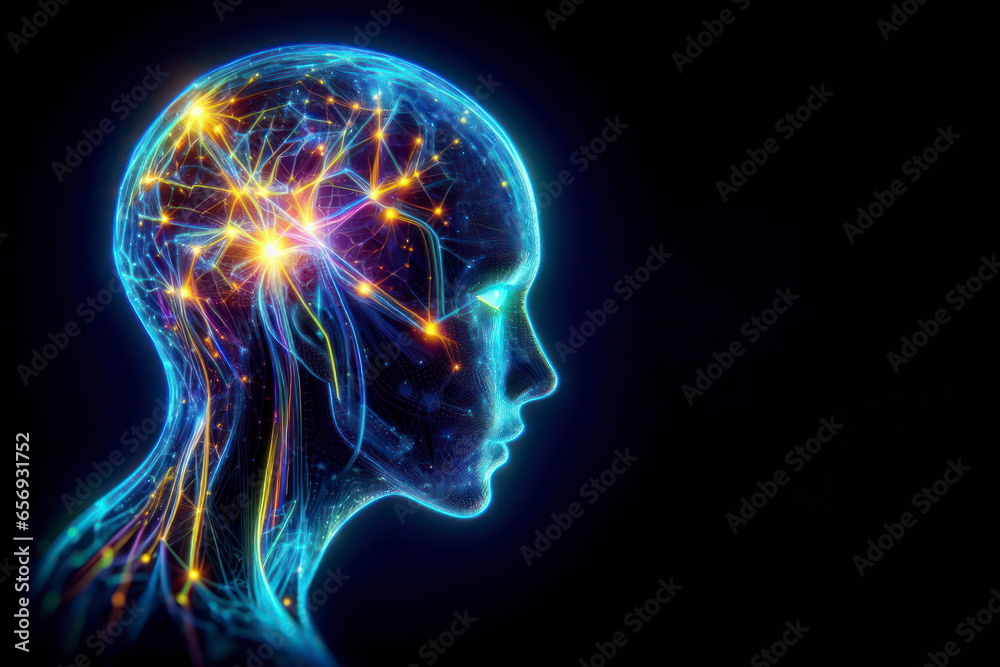 Side view of a humanoid head with blue and yellow eyes and vibrant neon neural network, representing futuristic technology and artificial intelligence Side view of a humanoid head with blue and yellow eyes and vibrant neon neural network, representing futuristic technology and artificial intelligence