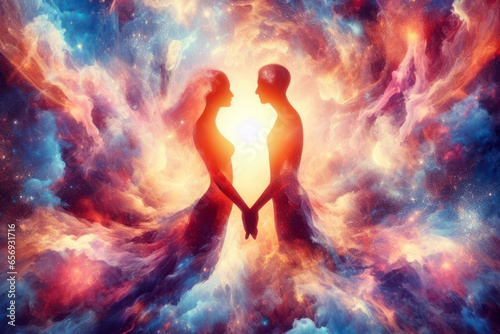 Man and woman silhouettes at abstract cosmic background. Human souls couple in love. Astral body, esoteric and spiritual life concept