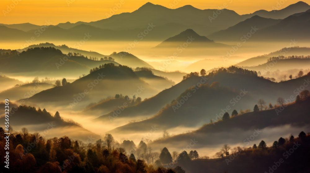 paysage de collines espacés jusqu’à l'horizon, brume au sol à la