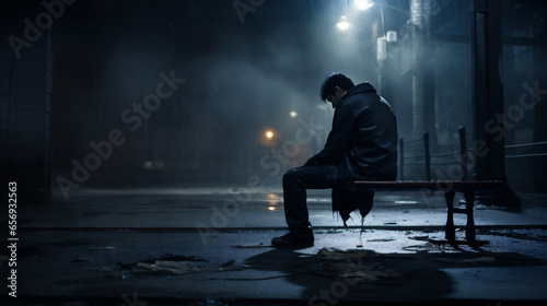 Sad person sitting on the bench, dark scenery, AI generative