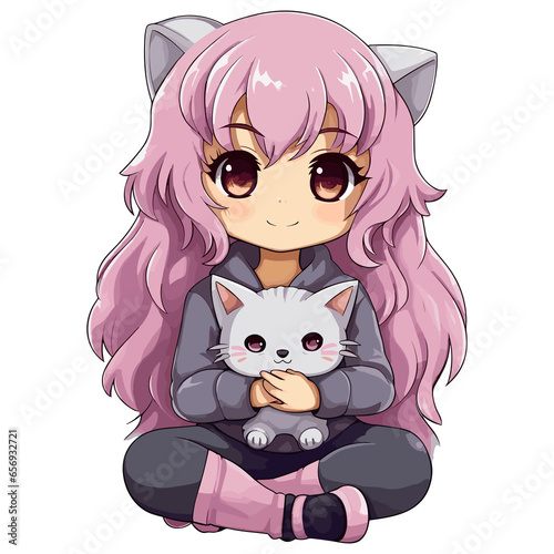 cute sitting Anime girl holding a cat Kawaii
