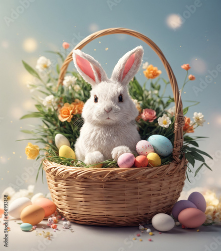 Easter bunny in a crozin in flowers and with Easter colored eggs, beautiful background for a card and poster © Наталья Евстигнеева