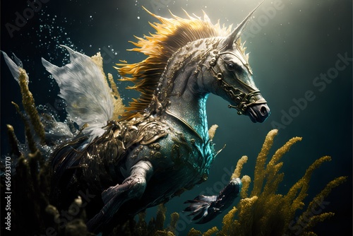 dragon horse in under the water with light effect bg