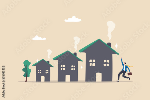 House price rising, value increase graph for real estate, housing or property investment, sales and market price, rent or mortgage interest cost concept, businessman owner with arrow rising houses.