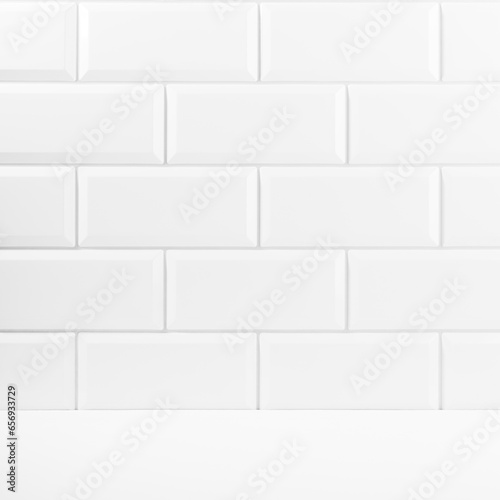 Abstract interior with white ceramic rectangle tiles on wall and wood floor or shelf, mockup, empty. Template for presentation, showing, design in soft light minimalistic style.