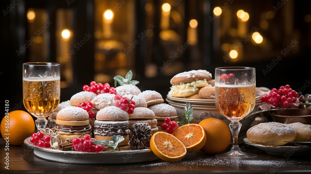 Beautiful picture illustration of a Christmas table with dessert