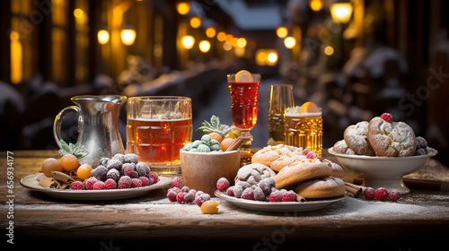 Beautiful picture illustration of a Christmas table with dessert