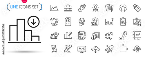 Pack of Microscope, Decreasing graph and Certificate line icons. Include Approved checklist, Approved award, Success pictogram icons. Star, Fake news, Teamwork signs. Edit, Copywriting, Puzzle. Vector