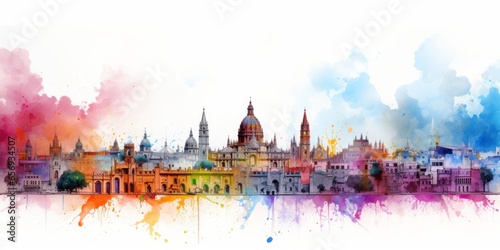 Rainbow Aquarelle Silhouette of Mexico City s Iconic Cityscape  Featuring Z  calo  Chapultepec Castle  and Frida Kahlo Museum  A Vivid Celebration of Mexican Culture