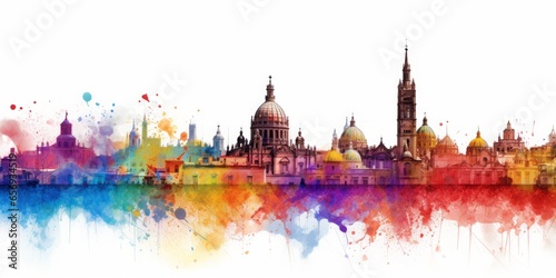 Rainbow Aquarelle Silhouette of Mexico City's Iconic Cityscape, Featuring Zócalo, Chapultepec Castle, and Frida Kahlo Museum, A Vivid Celebration of Mexican Culture photo