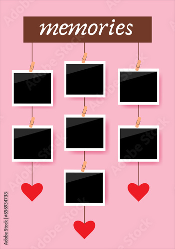 Polaroid frame photo mockup on a rope with clothespins on pink background.Best moment's. Memories.Love,romantic  concept. Vector illustration