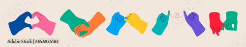 Set of hand holding hands. Valentine's Day. Colorful vector illustration