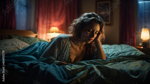 Young blonde woman in her bed, sad insomnia
