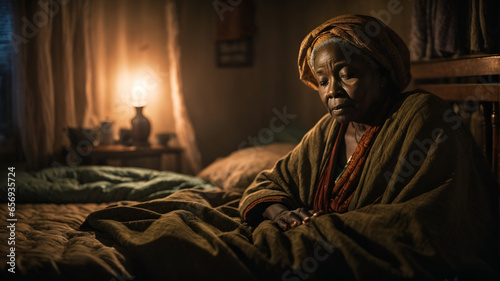 Old african woman in her bed, sad insomnia