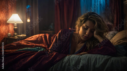 Young blonde woman in her bed, sad insomnia