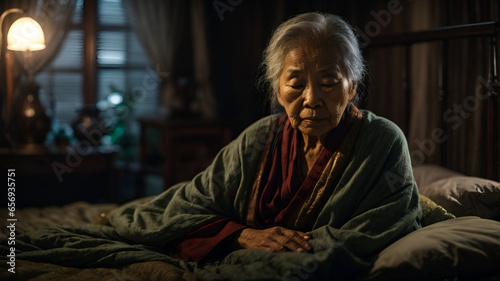 Old asian woman in her bed, sad insomnia